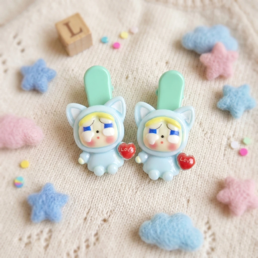 QDORA Blue Cat Character Alligator Hair Clip Set image 2