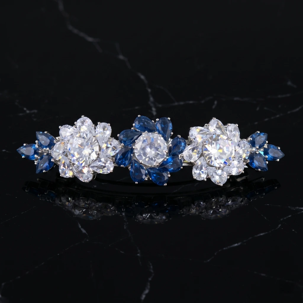 QDORA Silver Blue Crystal Floral Barrette image 1