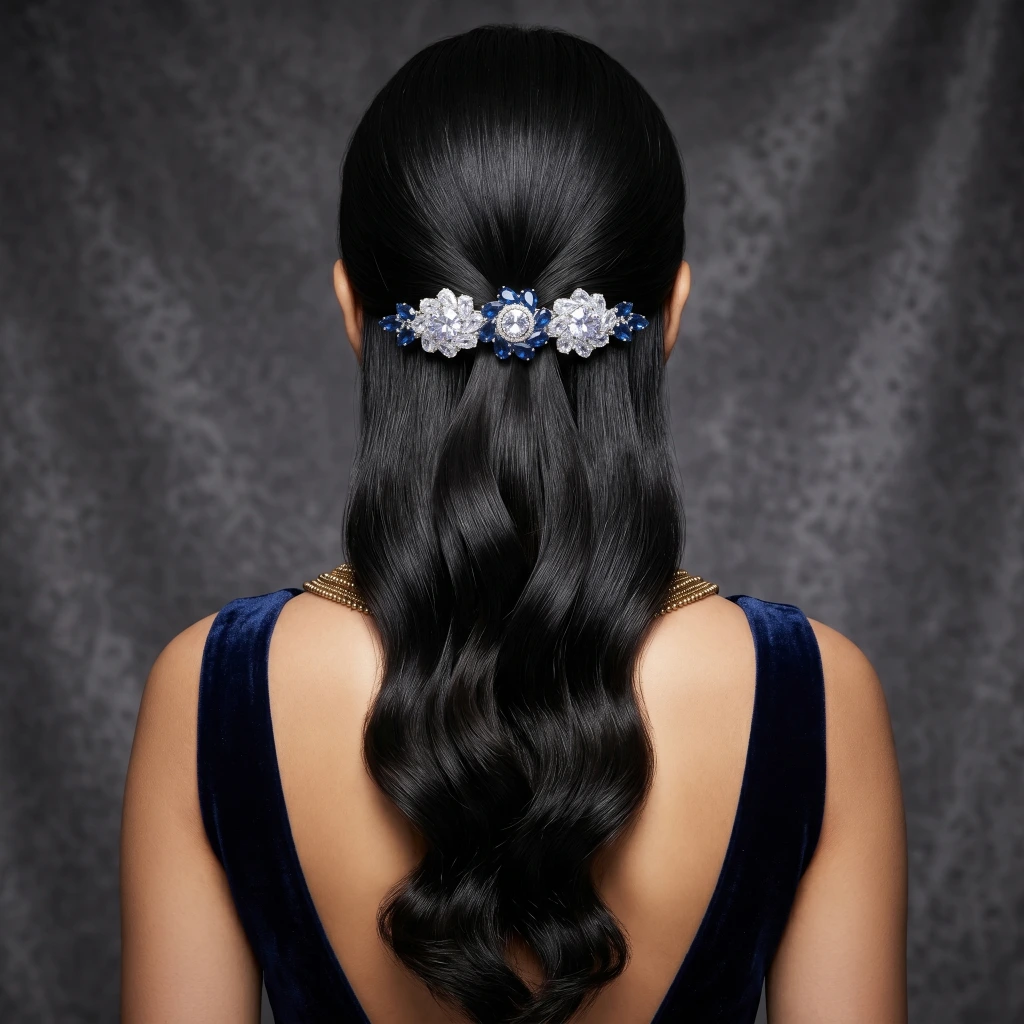QDORA Silver Blue Crystal Floral Barrette image 2