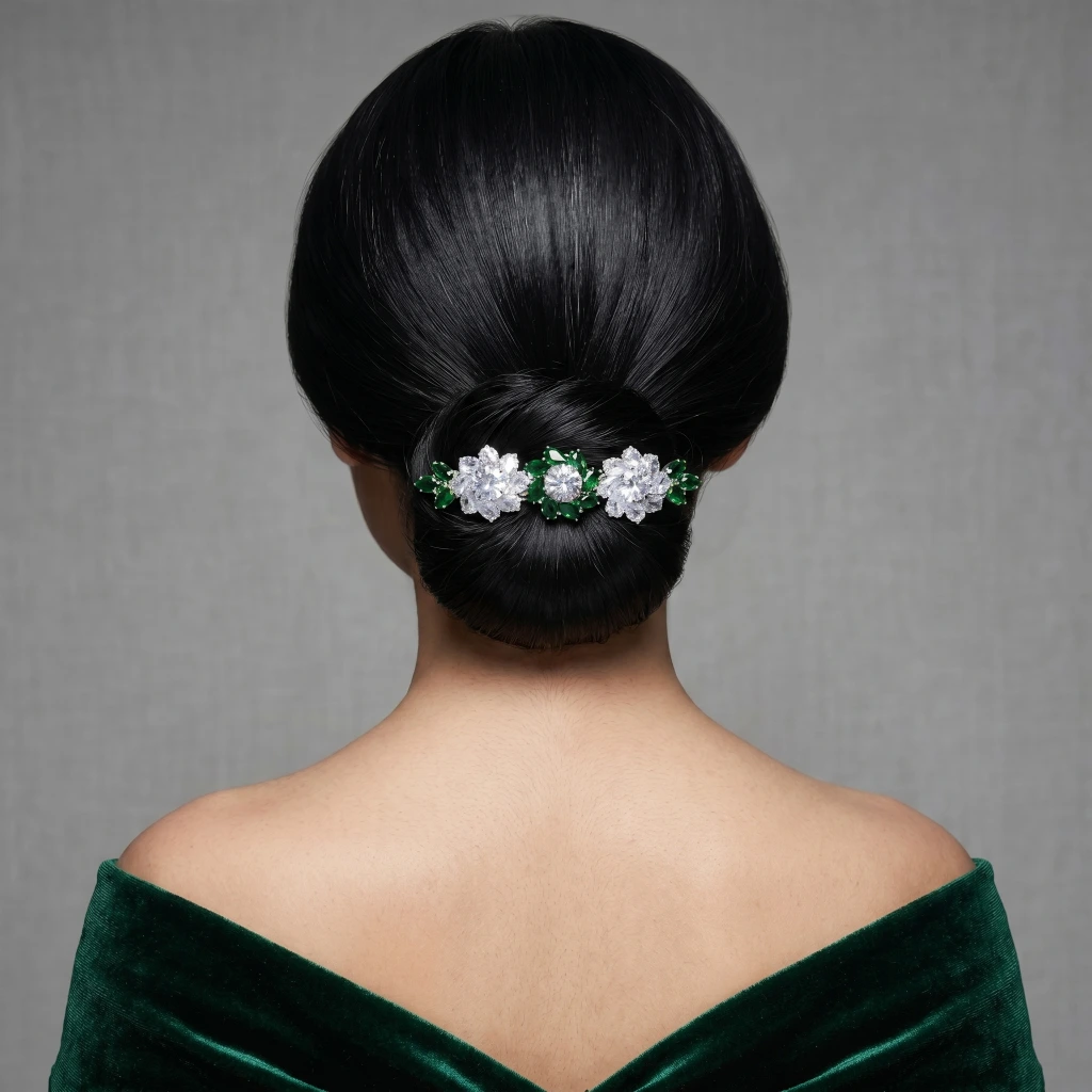 QDORA Silver Green Crystal Floral Barrette image 2