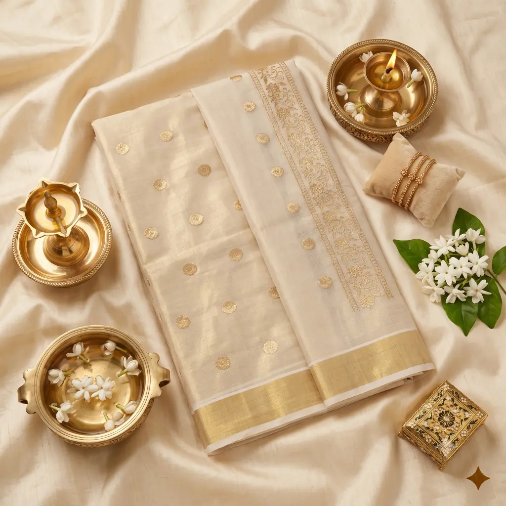 QDORA Golden Butta Embroidered Kasavu Saree image 3