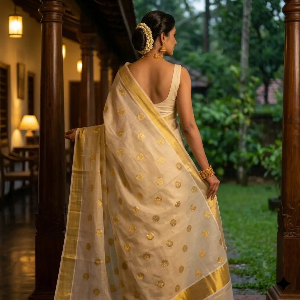 QDORA Golden Butta Embroidered Kasavu Saree image 2