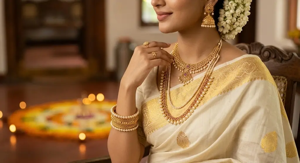 Best Jewellery to Wear With Kerala Kasavu Saree for Onam 2026 | QDORA Style Guide