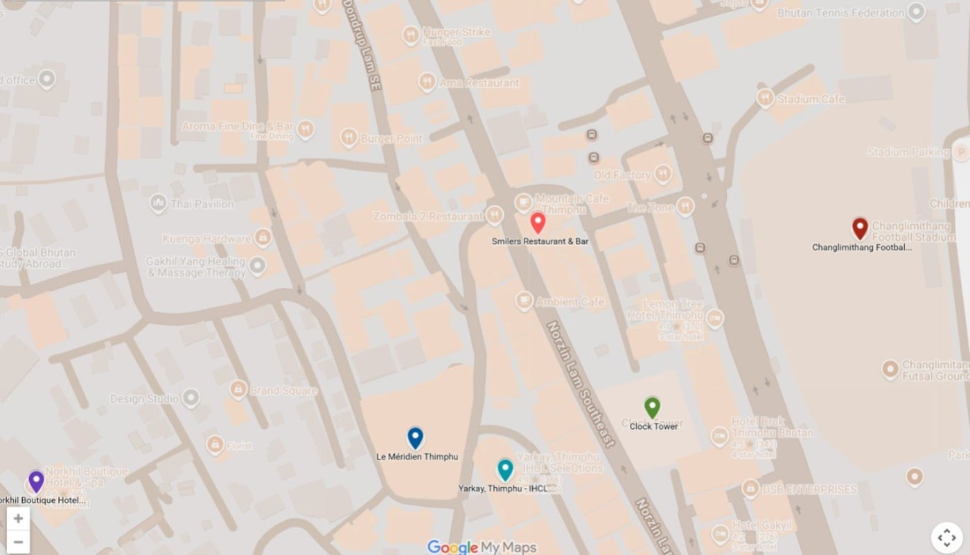 Map showing Smilers Restaurant and Bar on Norzin Lam, Thimphu, near Clock Tower Square