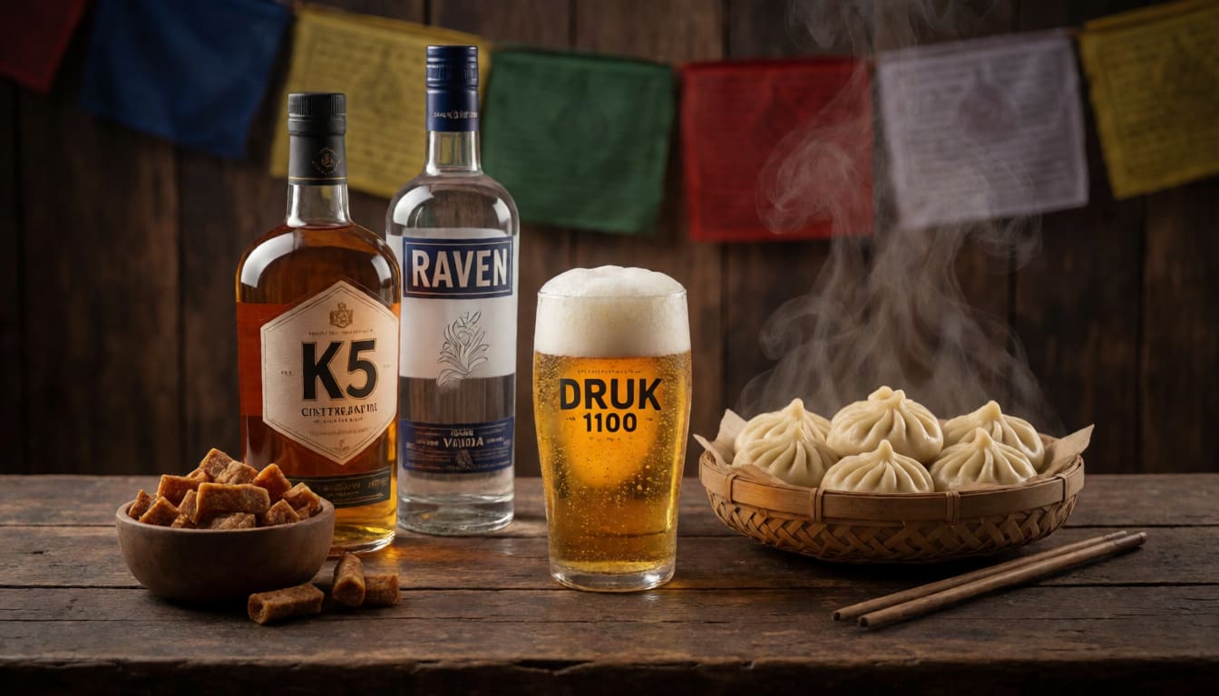 Rustic Himalayan biker bar tabletop display: K5 Whisky, Raven Vodka, Druk 1100 beer and spicy yak jerky