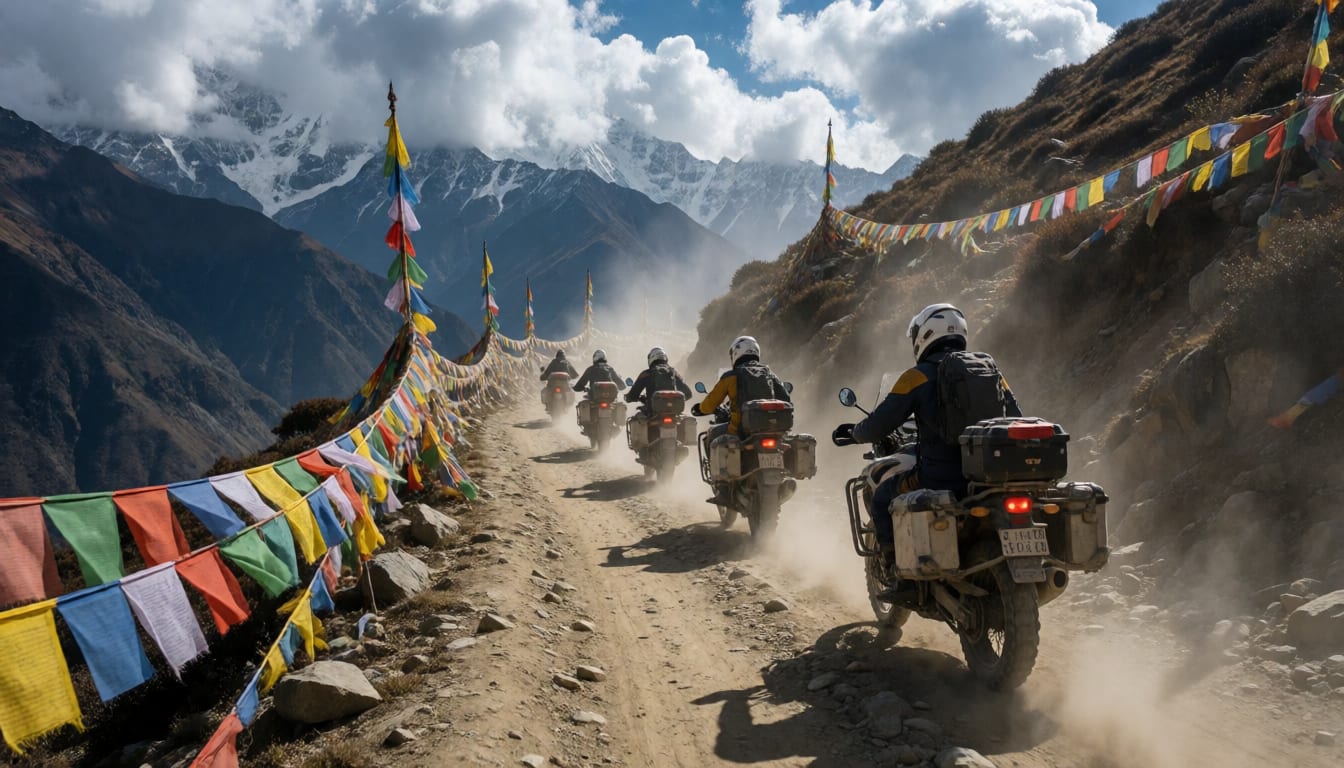 Breathtaking cinematic photograph of adventure motorcycle touring riders in Bhutan