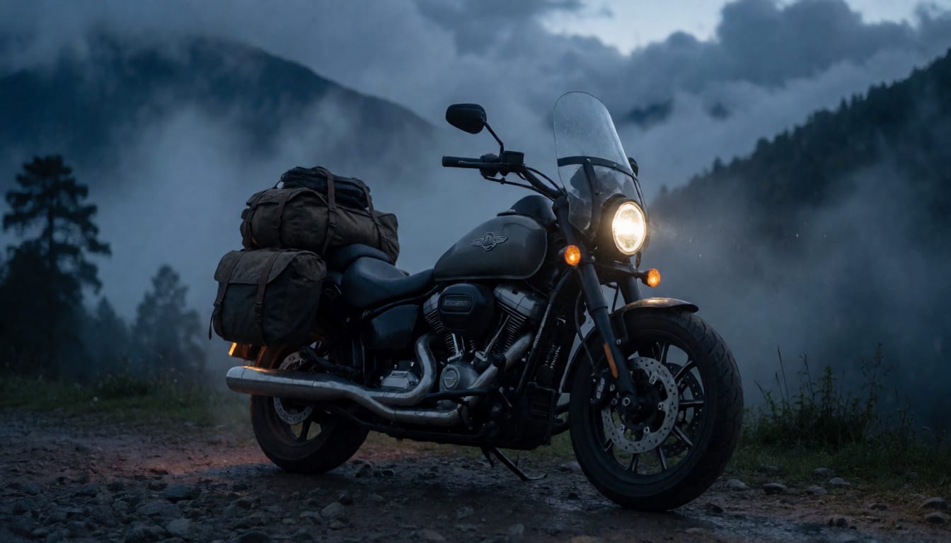 Cinematic Himalayan motorcycle cruiser in Bhutan at dusk