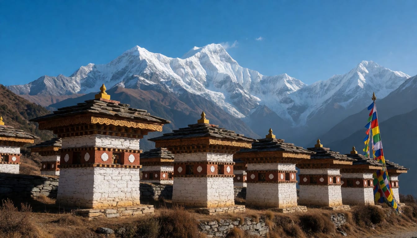 Dochula Pass 108 Chortens with Snow Peaks
