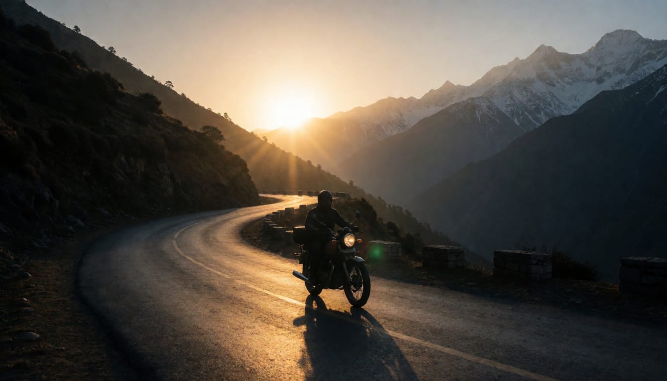 Motorcycle touring open high road in sunset