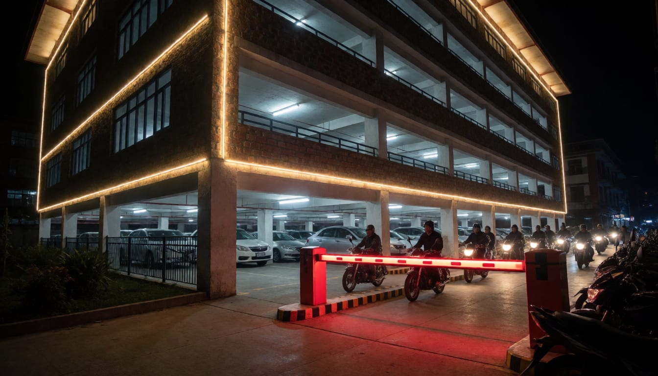 Multilevel Parking Ride-Up Entry Gate Night