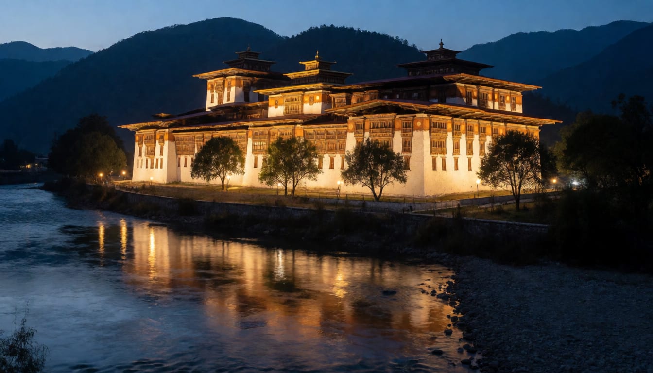Punakha Dzong Fortress Lit Along River at Dusk