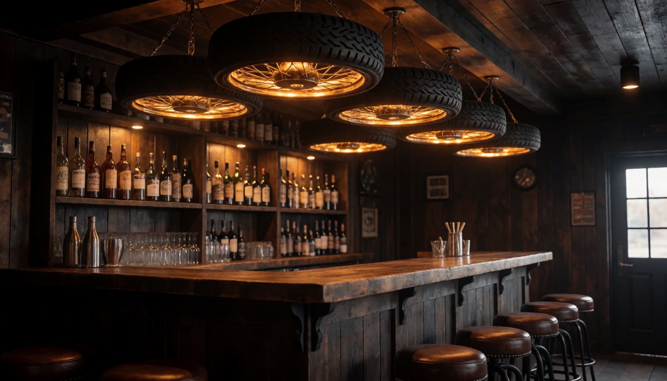 Glowing Tire Rim Chandelier & Bar Counter