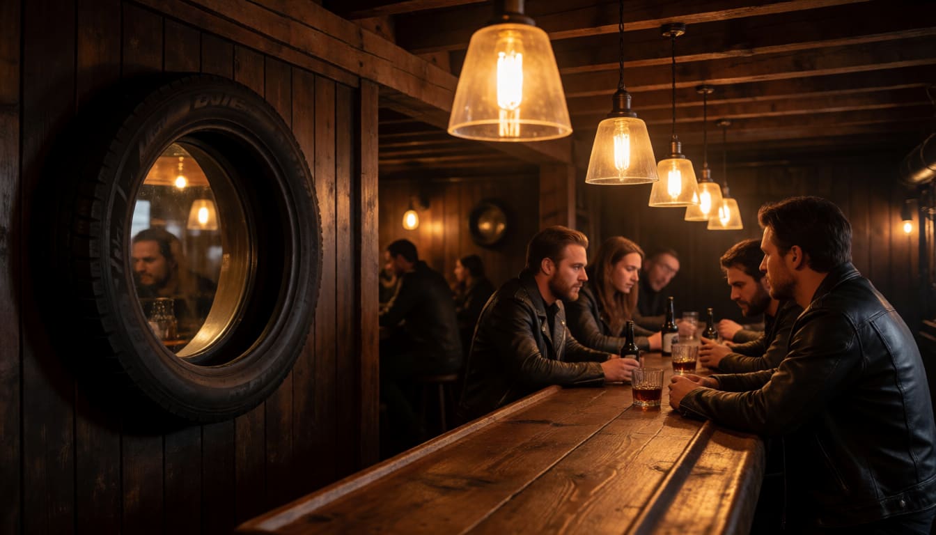 Handle Bar counter with warm pendant lamps, tire window and patrons