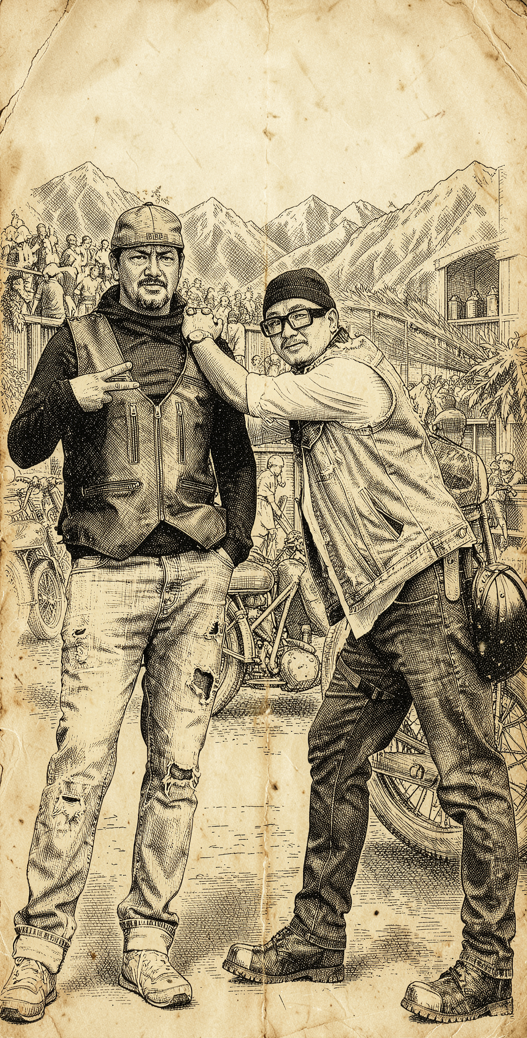 Chogel and Danny, founders of Handle Bar, vintage stipple engraving