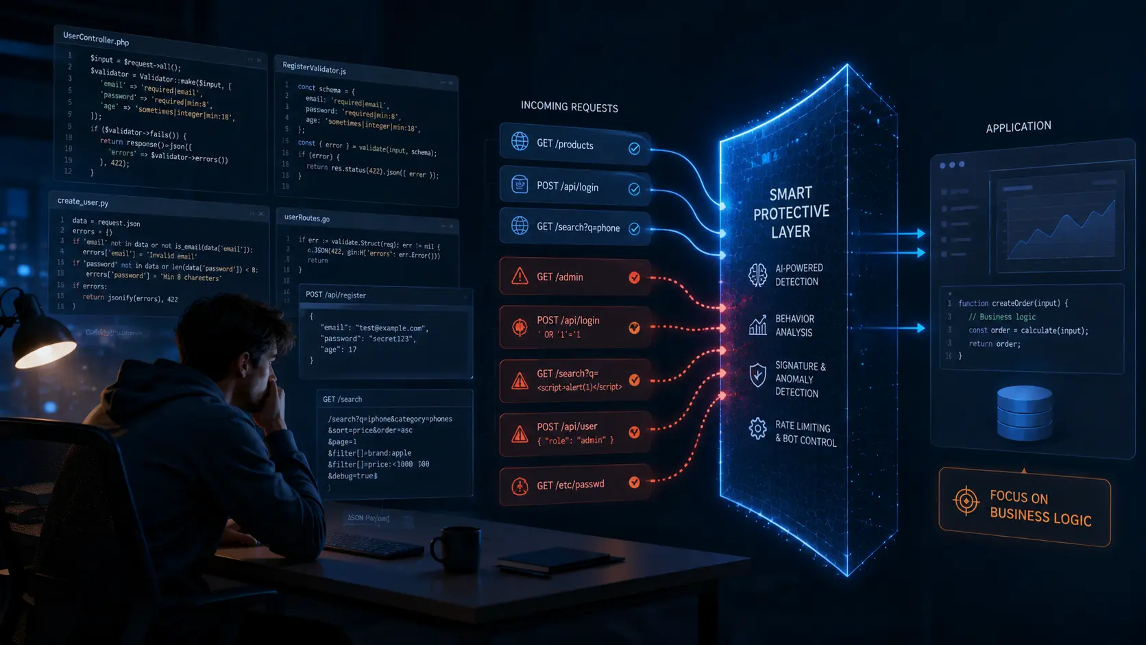 Developer working late with repeated security validation code on screens while a smart WAF layer filters suspicious web requests before they reach the application.