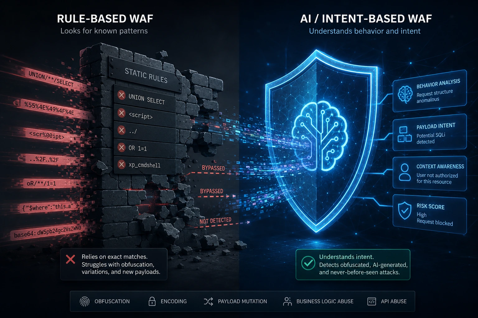 Rule-based WAF versus intent-based WAF detecting obfuscated and AI-generated web attack traffic.