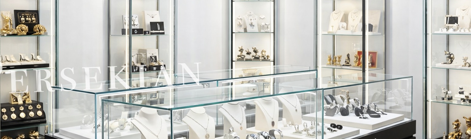 Custom glass display tower with integrated LED lighting - Persekian showcase