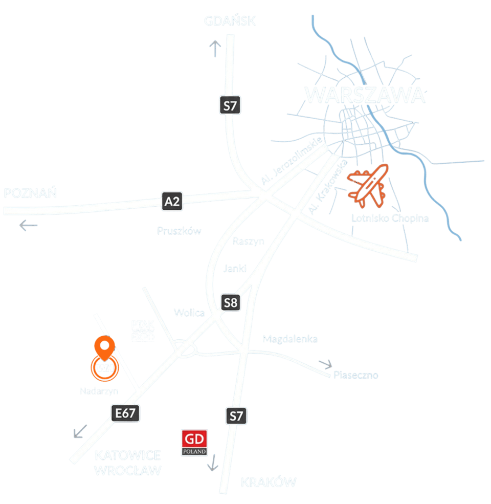 Mapa przedstawiająca lokalizację magazynu WH pod Warszawą z połączeniami autostradowymi