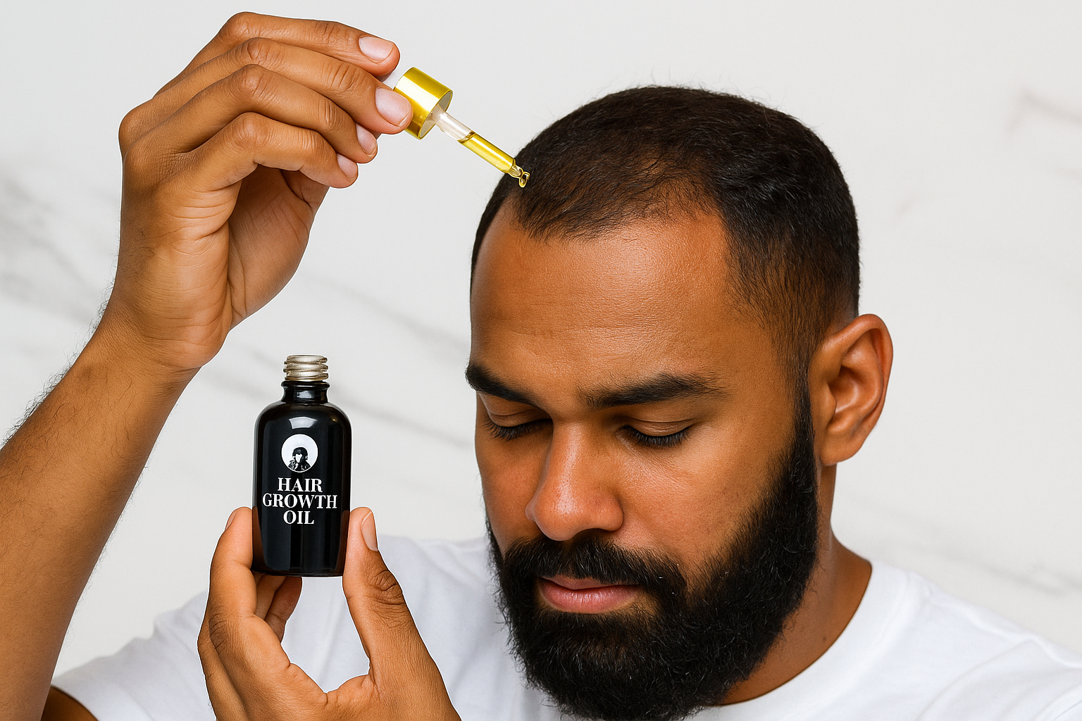 Man using Beyond Beauty Hair Growth Oil