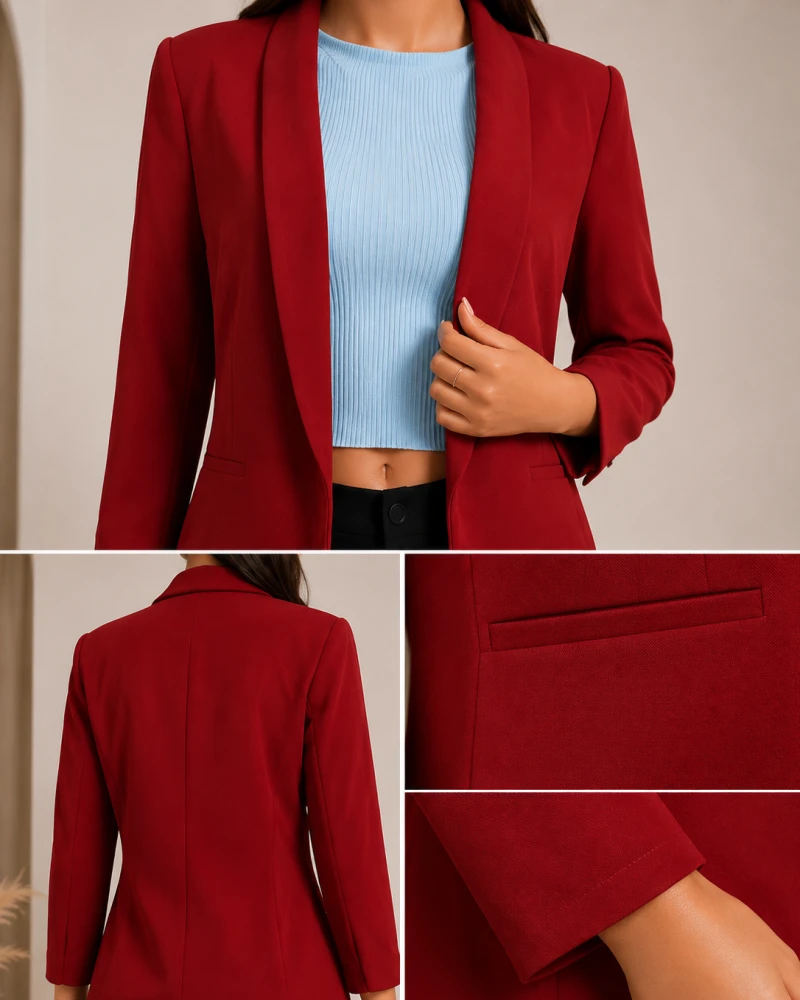 Blazer rouge femme avec pantalon noir – Ensemble mode chic et tendance