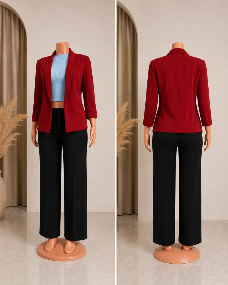 Blazer rouge femme avec pantalon noir – Ensemble mode chic et tendance