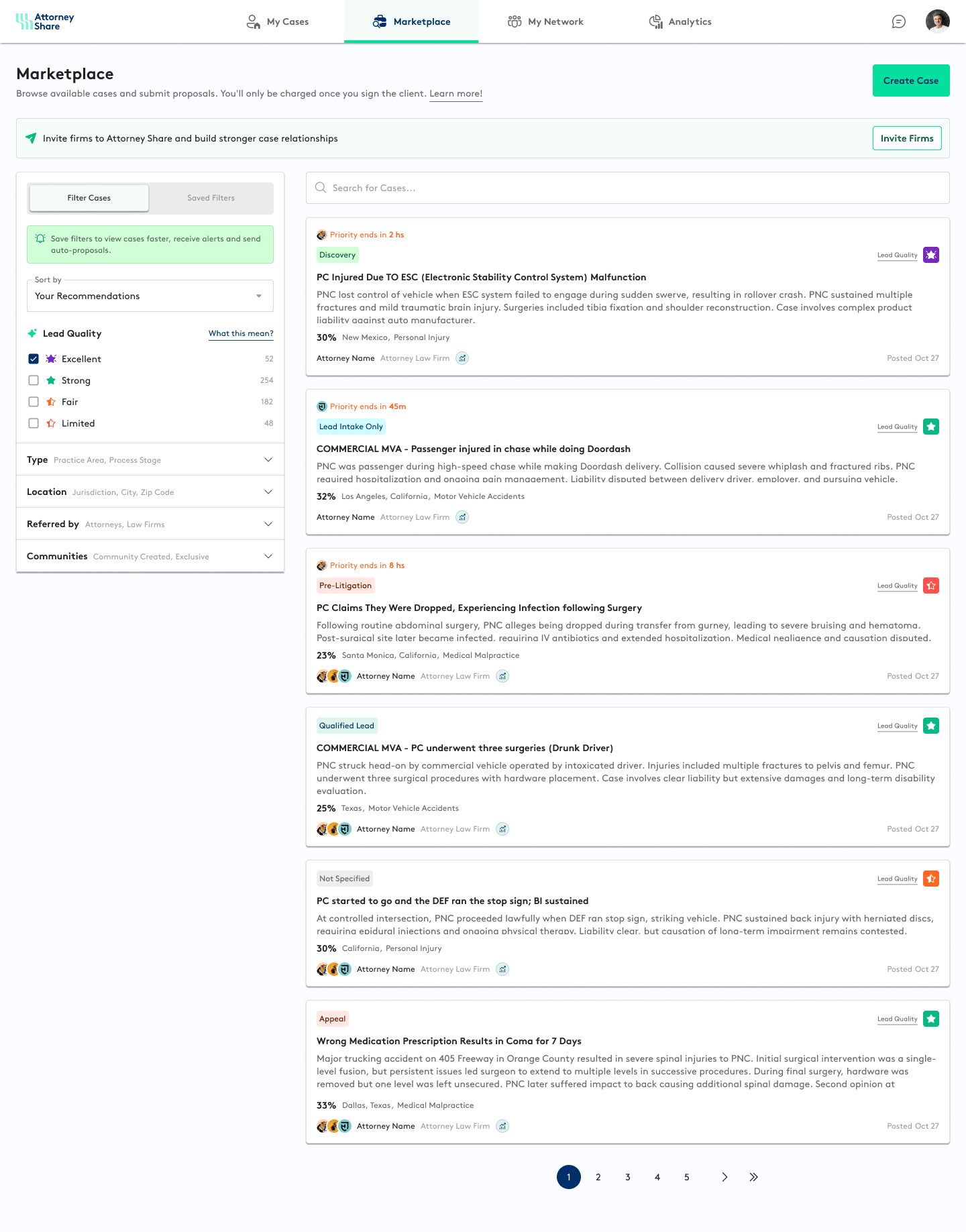 Attorney Share marketplace with case listings and AI quality scores