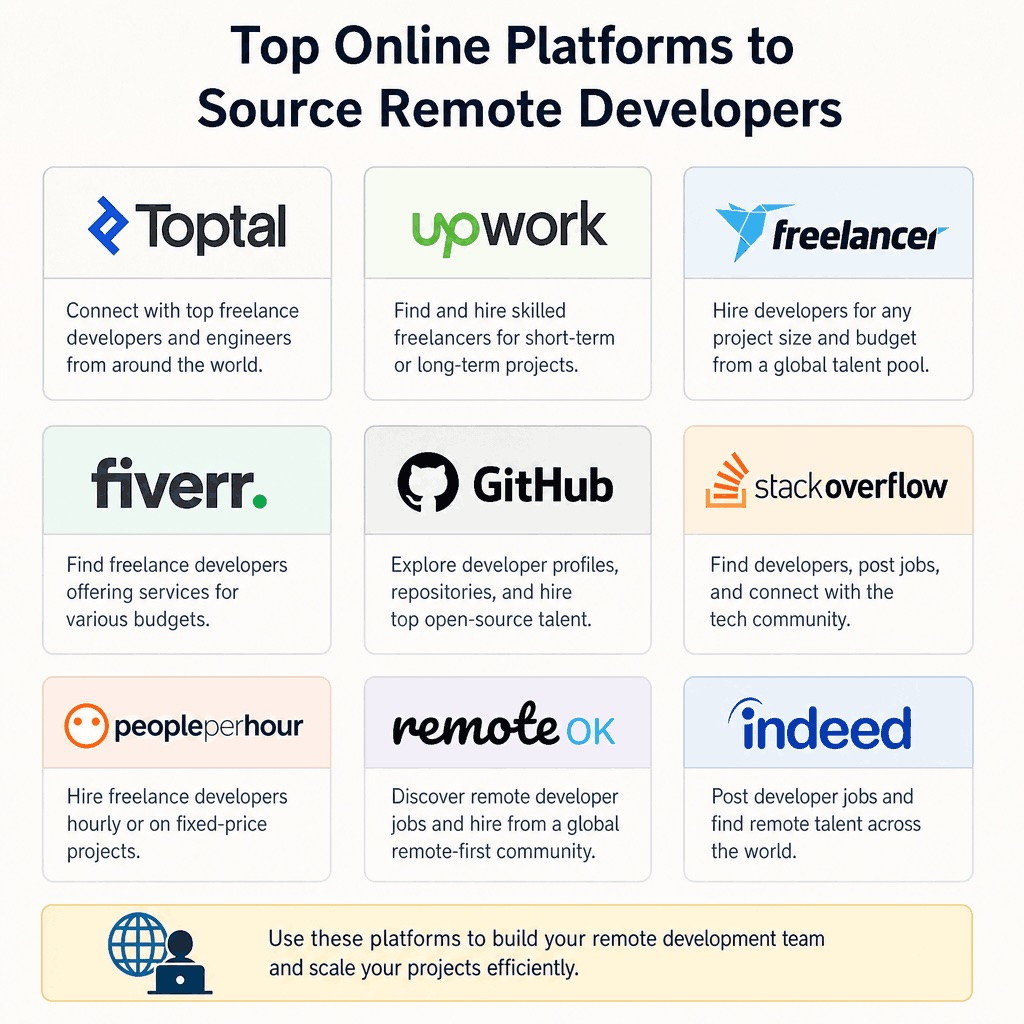 Top Online Platforms to Source Remote Developers — Toptal, Upwork, Freelancer, Fiverr, GitHub, Stack Overflow, PeoplePerHour, Remote OK, Indeed