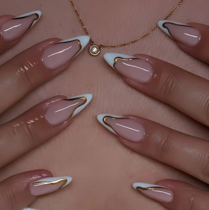 White Press-On Nails with Gold Line Design – Medium Almond Glossy Acrylic Set