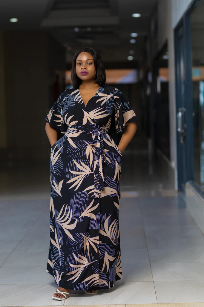 Black Beige Sleeved Maxi Wrap Dress