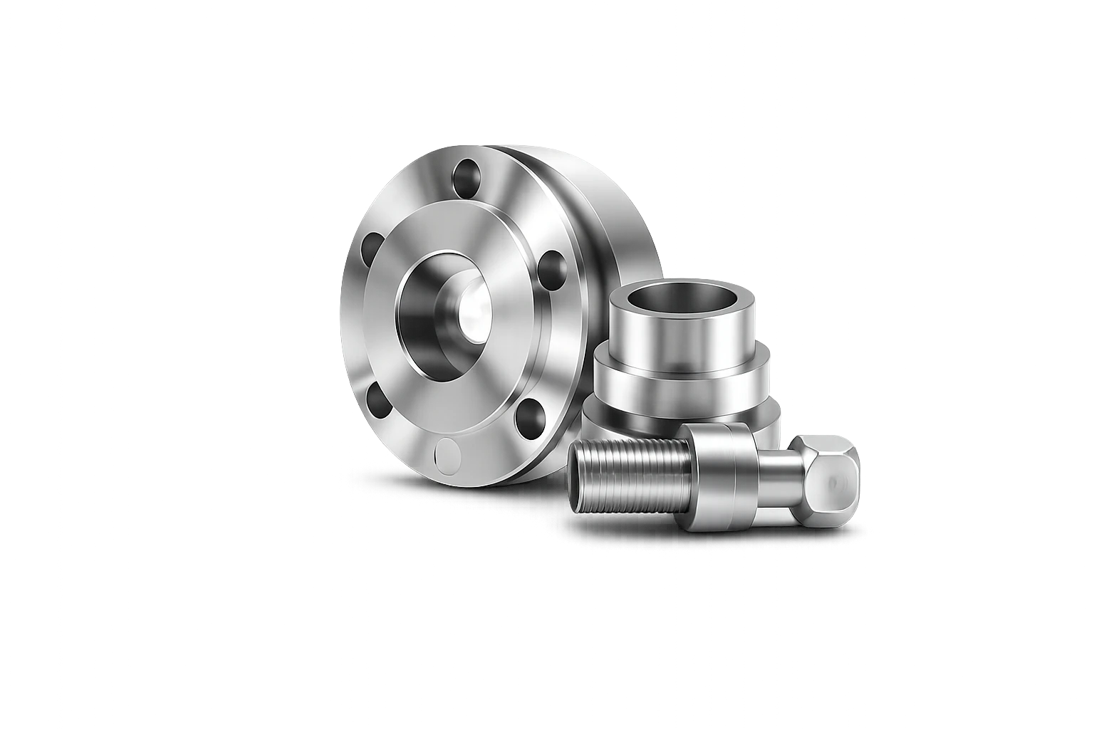 Surface finished metal flange, bush and threaded component