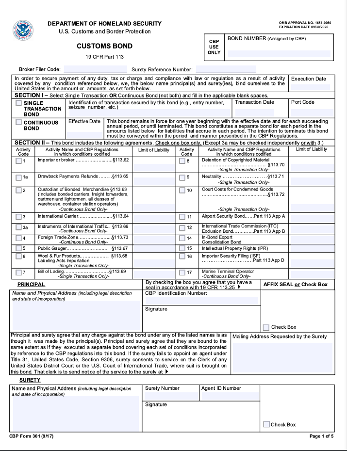Example of the U.S. customs bond