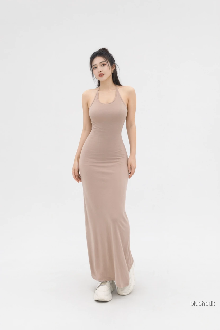 Taupe Halter Maxi With Sneakers