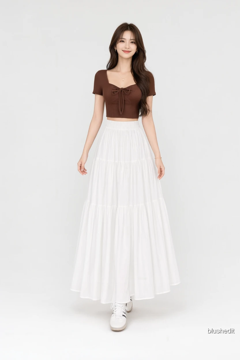 Brown Crop Top and Flowy White Maxi