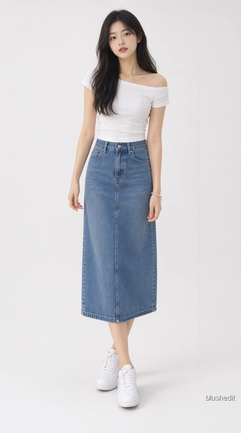 White Off-Shoulder and Denim Midi