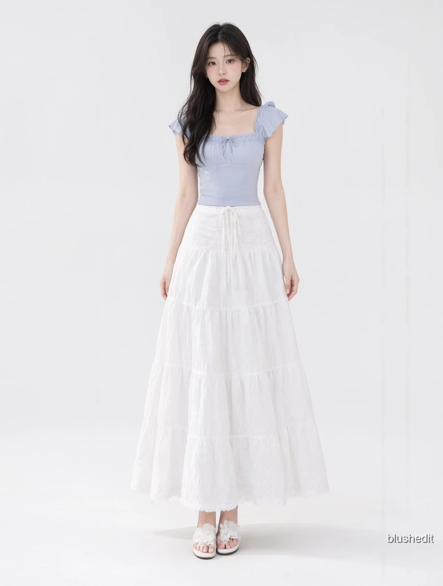 Blue Flutter Sleeves and White Tiers