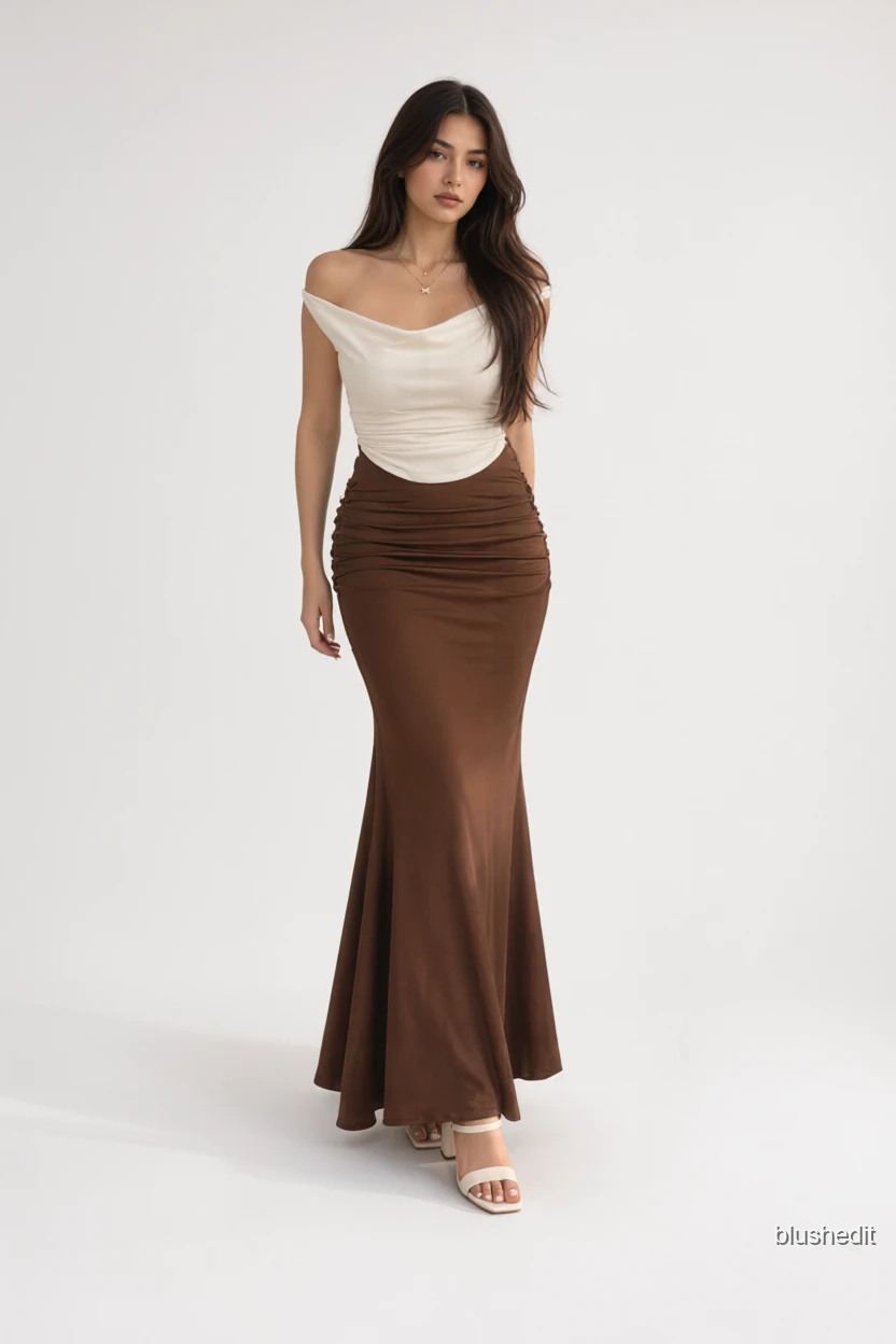 White Cowl Neck and Brown Ruched Maxi