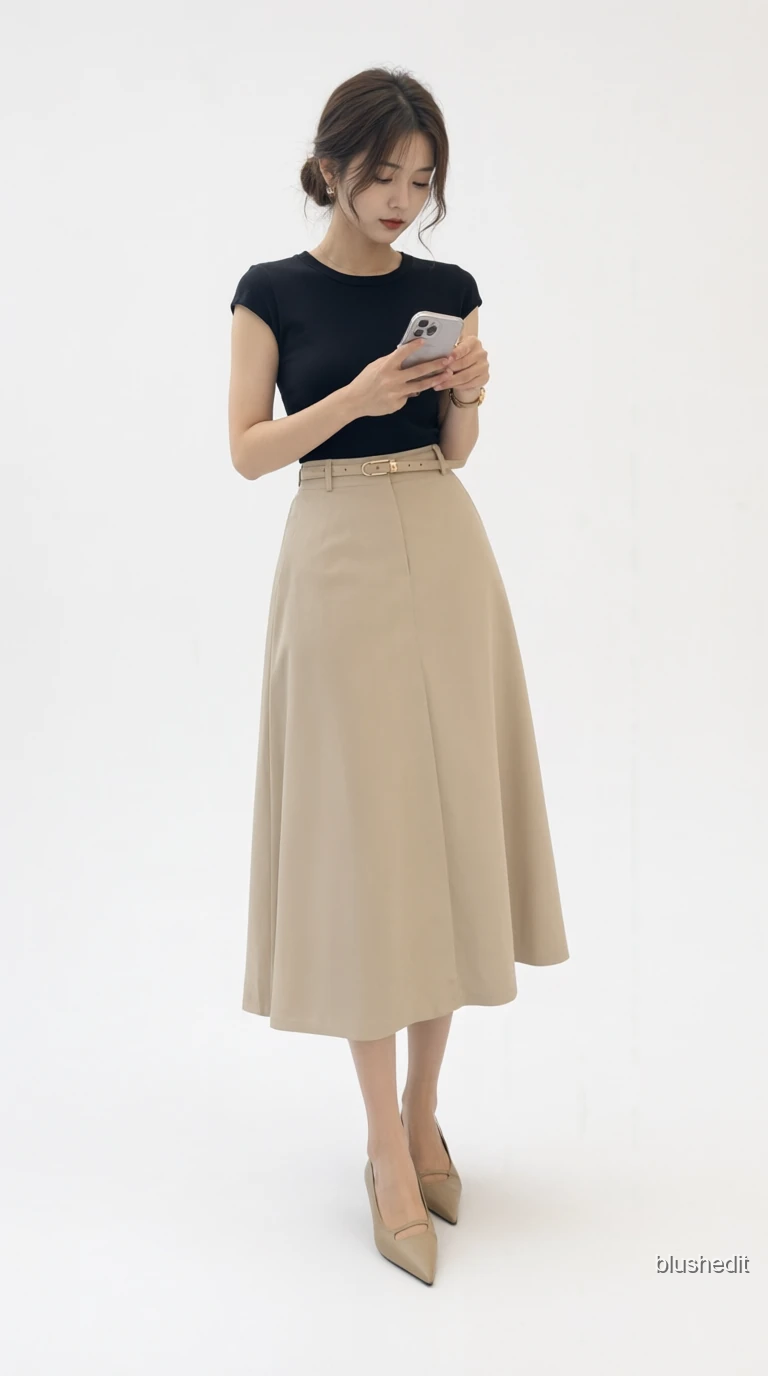 Black Tee and Belted Beige Midi