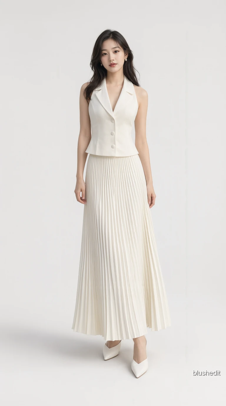 White Tailored Vest and Pleated Maxi