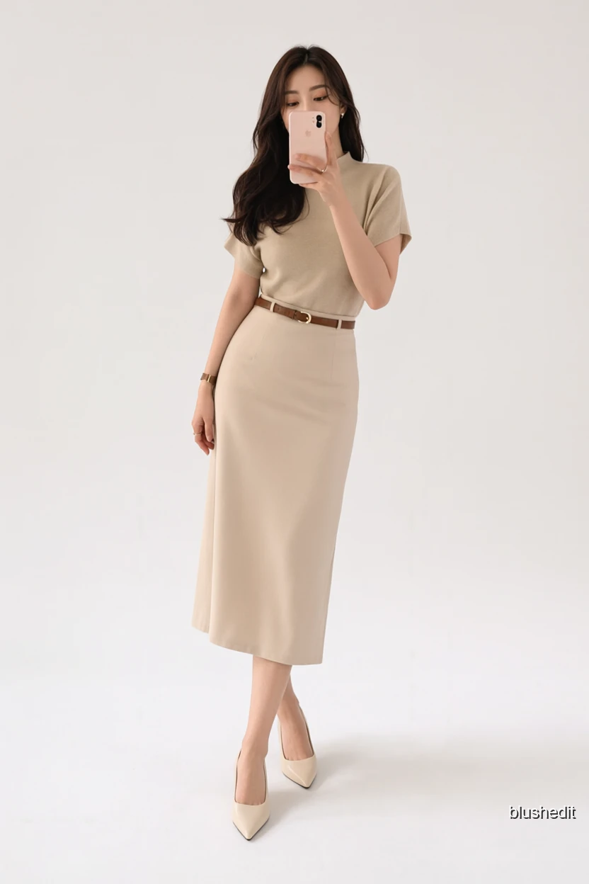 Beige Mock-Neck and Midi Skirt
