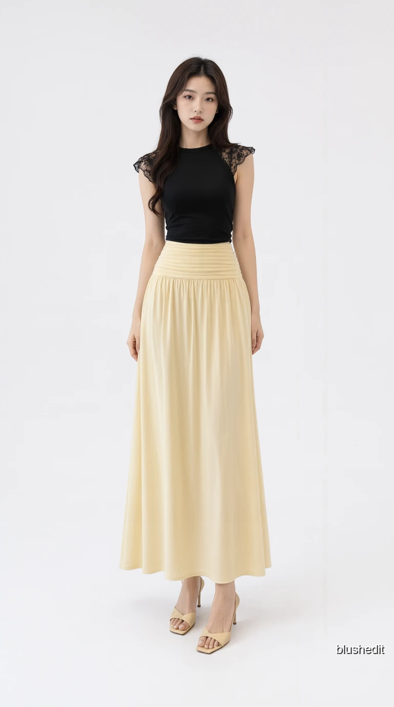 Black Lace Cap Sleeve and Yellow Maxi