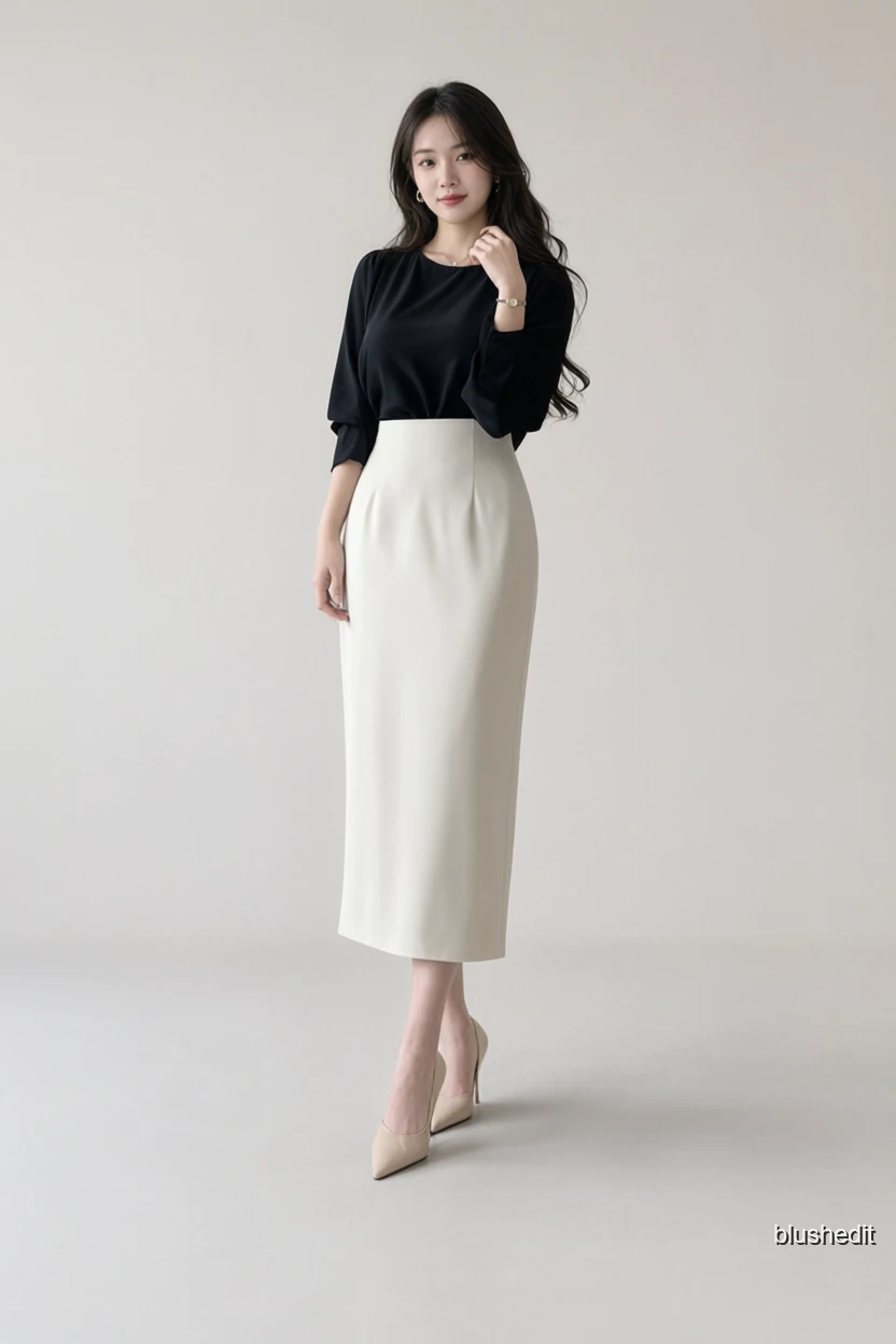 Black Dolman Sleeve and Cream Midi