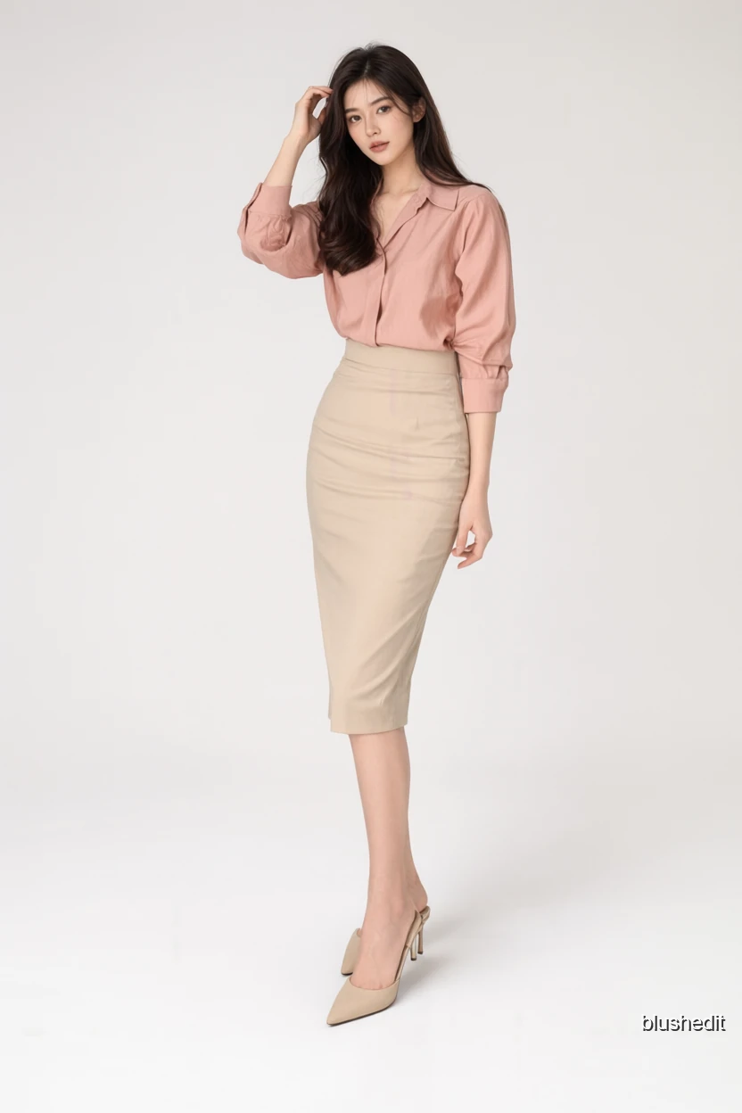 Dusty Pink Button-Up and Beige Pencil Skirt