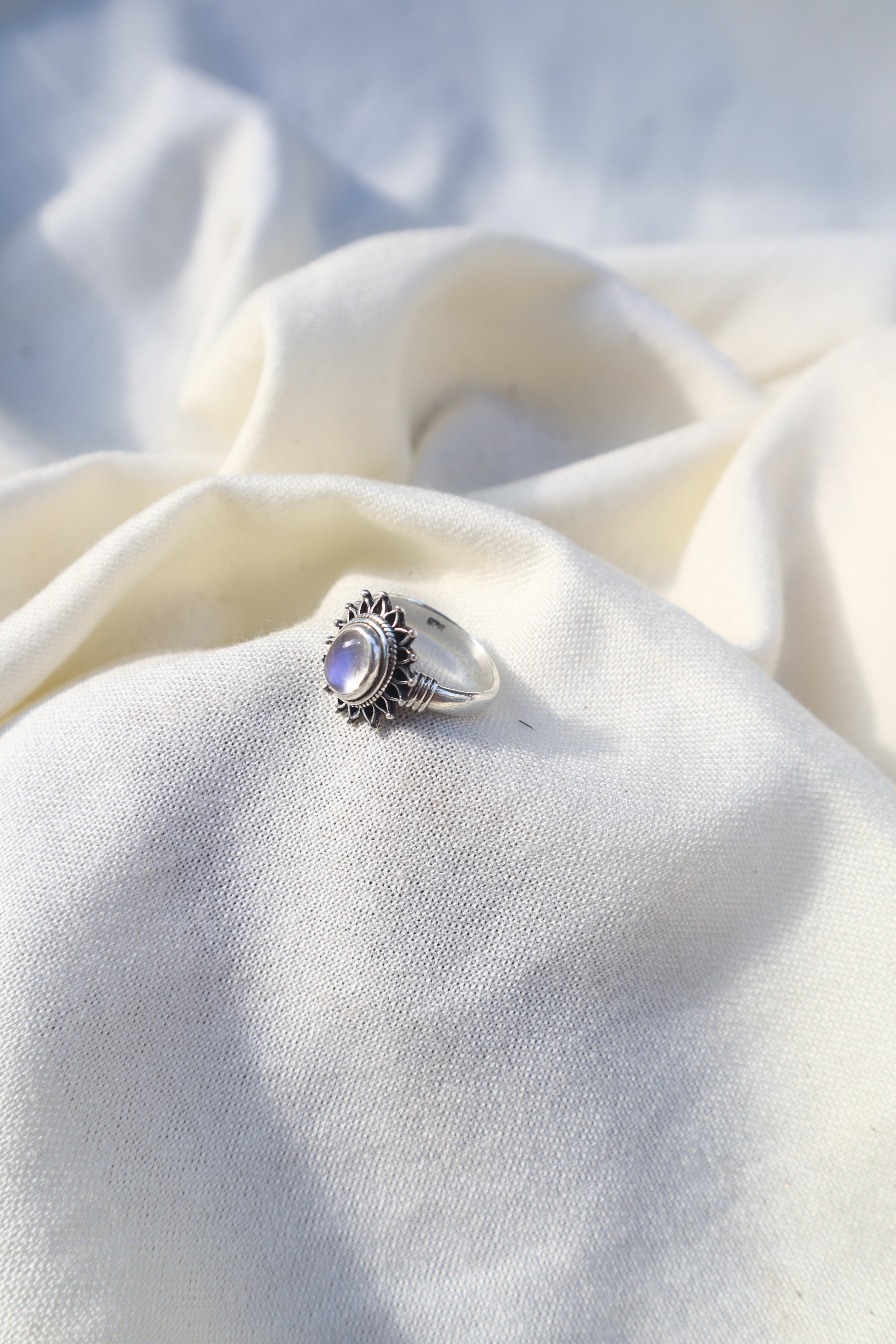 Silver Flower Rainbow Moonstone ring