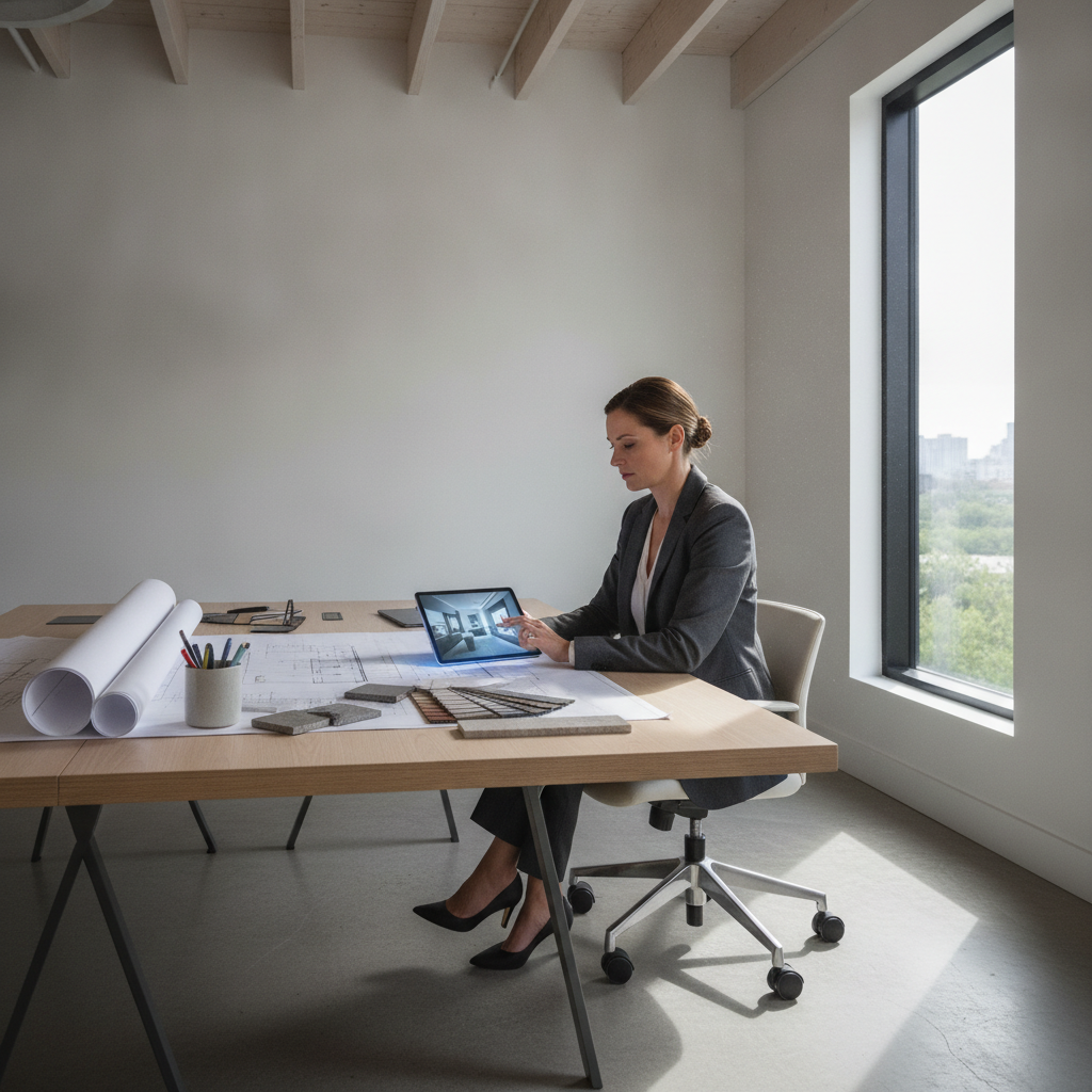 Architekt pracujący w nowoczesnym biurze, projektujący wnętrza na tablecie, z planami i próbkami materiałów na stole. Scena biznesowa, profesjonalna.
