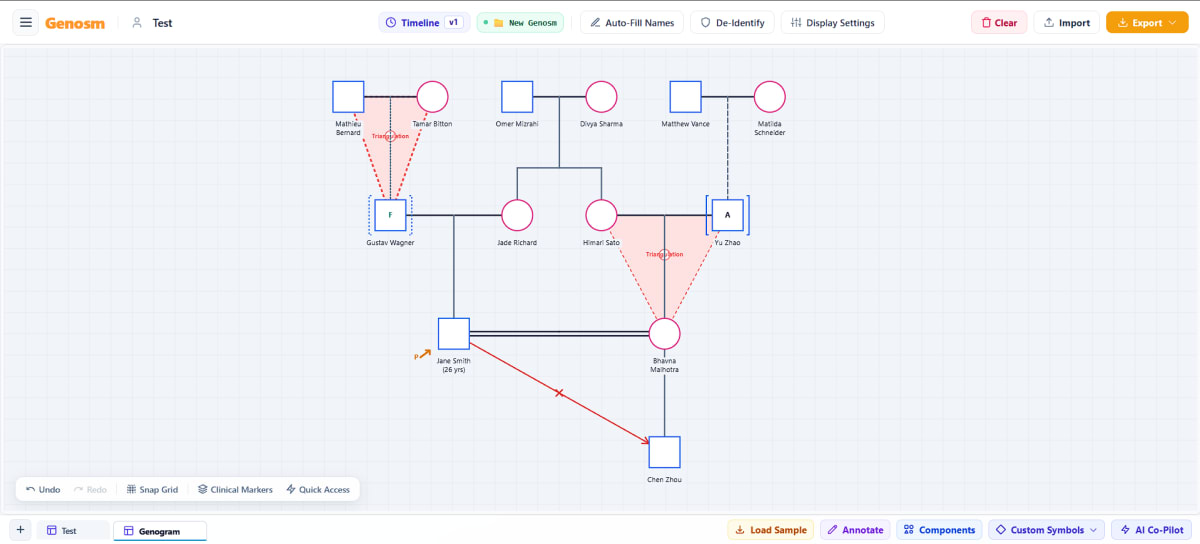 Triangulation in genogram template and clinical examples showing Bowenian triangle marker in Genosm