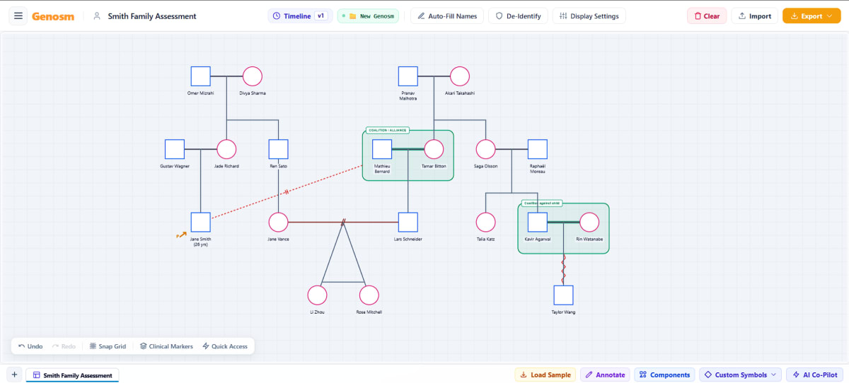 Coalitions in family therapy and clinical genogram examples showing automated emerald alliance envelope in Genosm