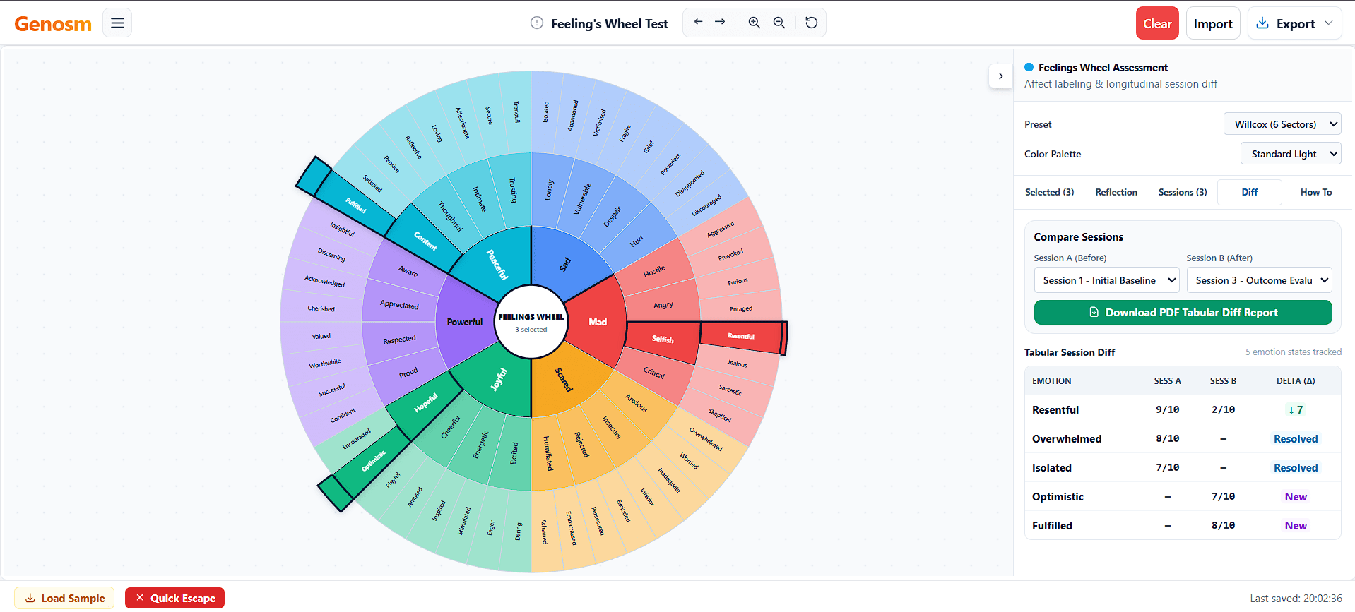 Genosm Feelings Wheel Chart Maker and Affect Labeling Inspector Interface - Concentric Willcox Slices and Multi-Session Diff