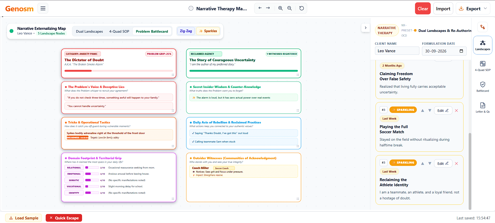 The interface of narrative therapy externalizing and dual landscape chart maker software