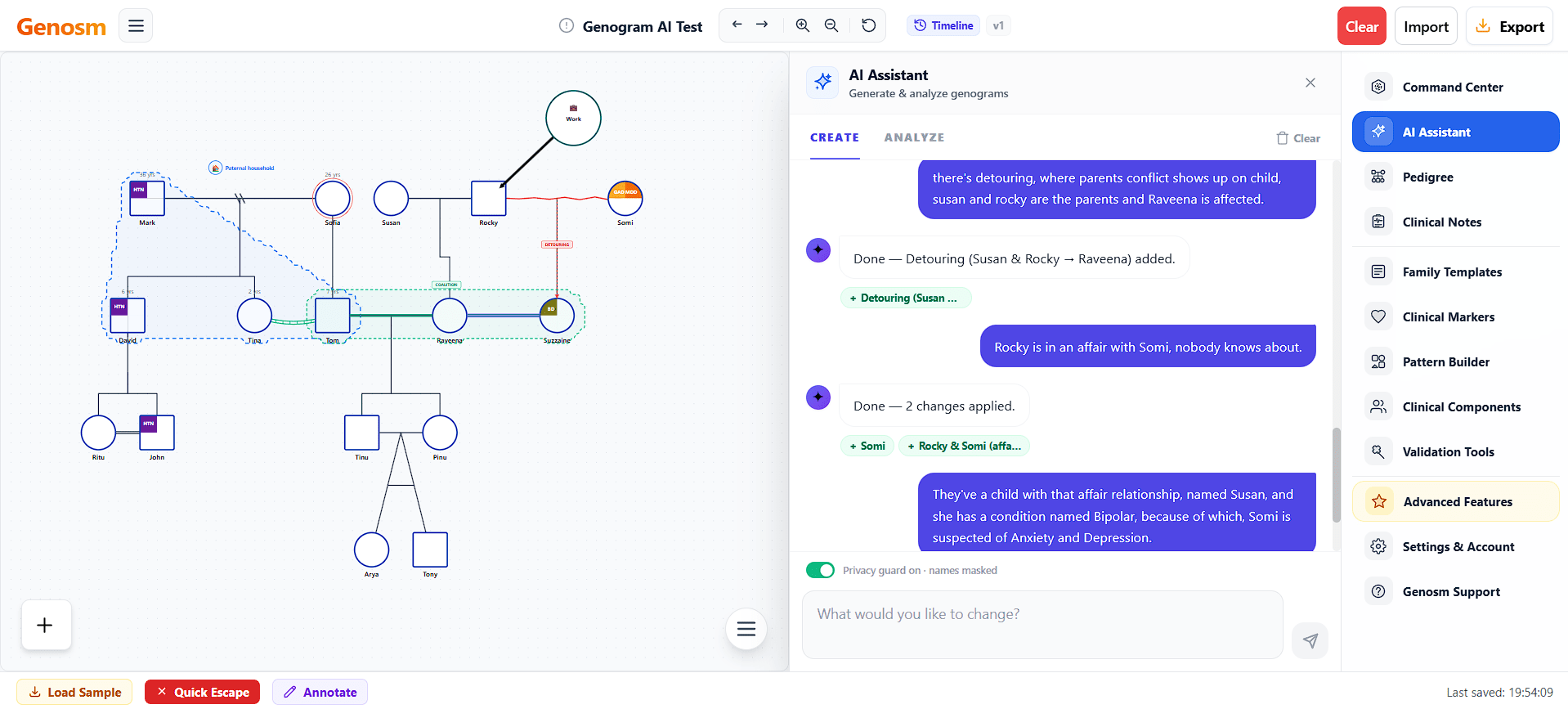 Genosm AI Genogram Maker Interface showing multi-generational tree, clinical markers, and conversational AI panel