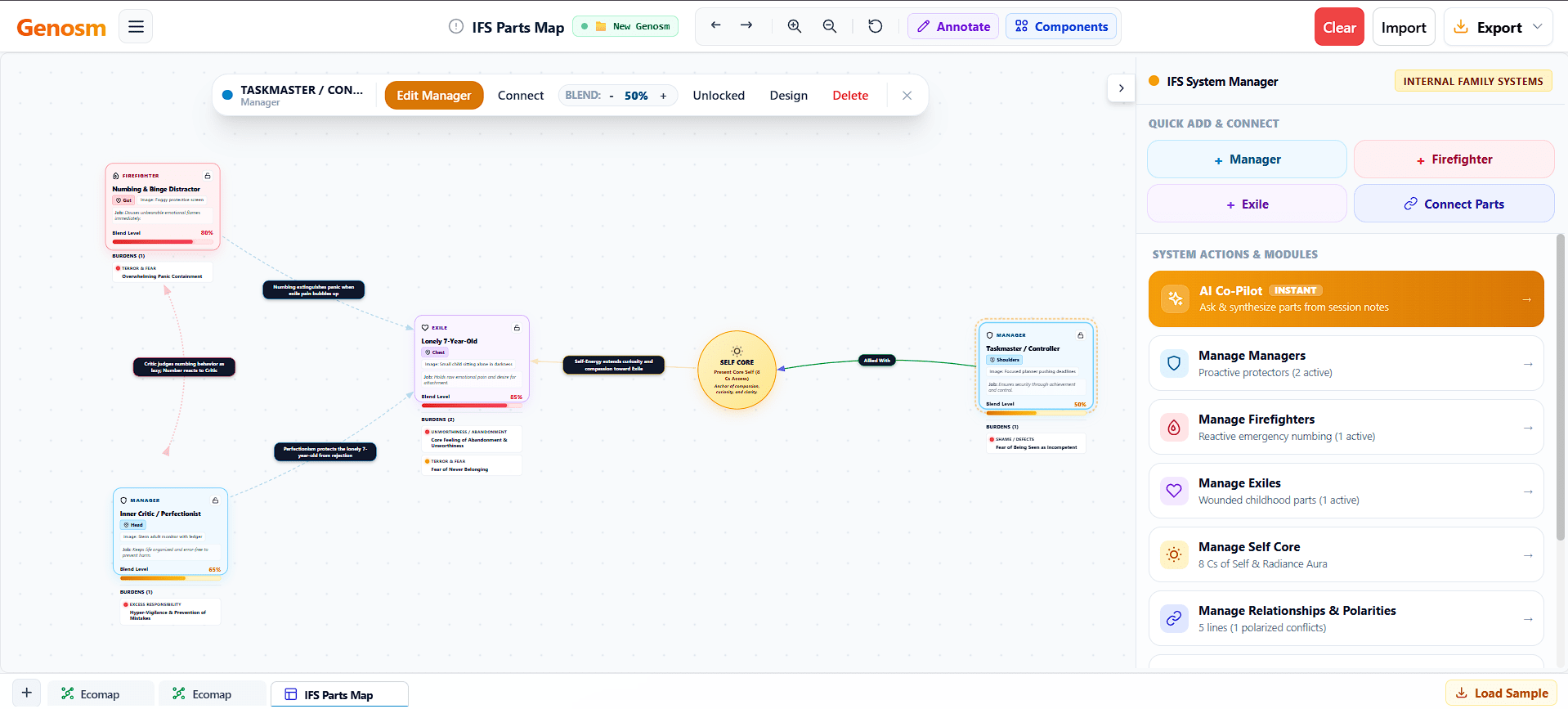 Internal Family Systems (IFS) Parts Mapping Screenshot